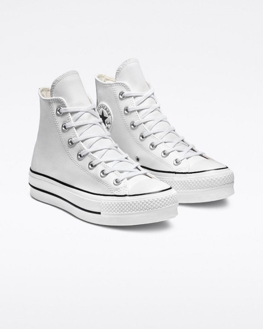 Pantofi Platforma Dama Converse Chuck Taylor All Star Lift Piele Inalti Albi Negrii Albi | RO DPIEF879